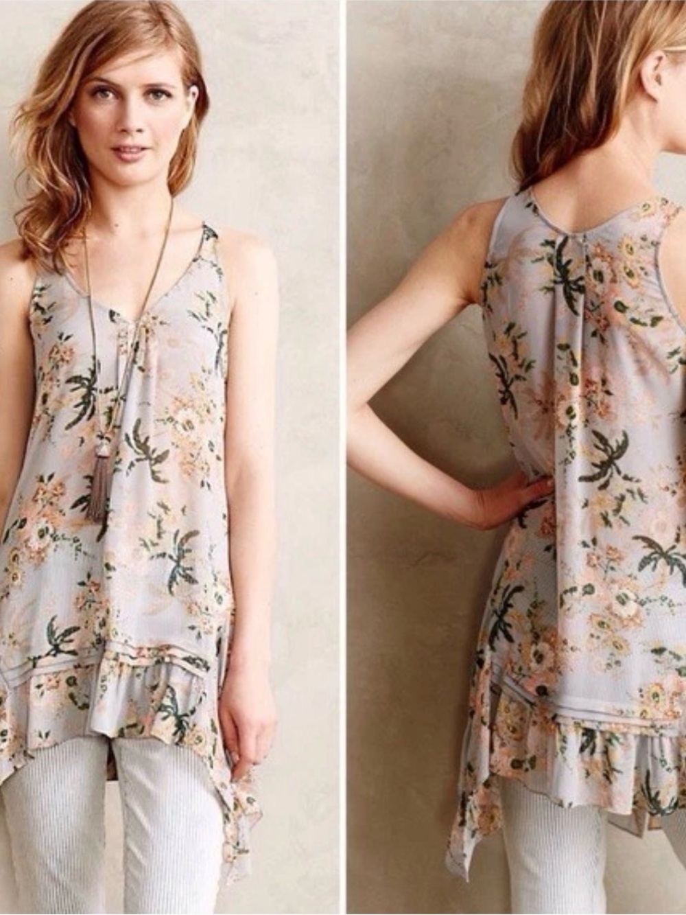 Maeve Magda Ruffle Floral Sleeveless V-Neck Tunic Top in Light Gray and Peach